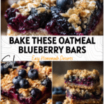 A pan of blueberry crumble oatmeal bars showing golden oat topping and juicy blueberries.